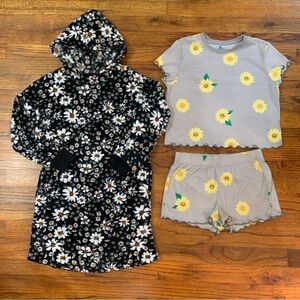 Girls PJ Pajama Set Top & Bottoms and a Hooded Hoodie Nightgown Dress Daisies